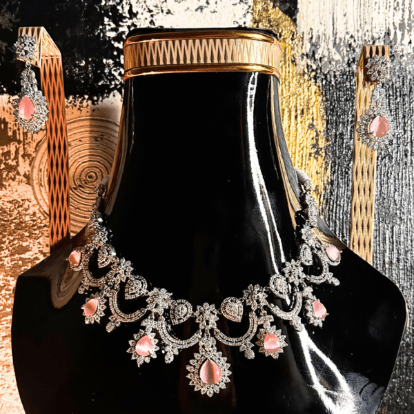 Premium Elegant Pink Stone and Crystal Choker Necklace and Earring Set - Image 2