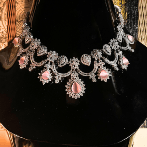 Premium Elegant Pink Stone and Crystal Choker Necklace and Earring Set