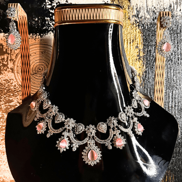 Premium Elegant Pink Stone and Crystal Choker Necklace and Earring Set - Image 5