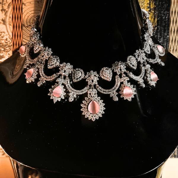 Premium Elegant Pink Stone and Crystal Choker Necklace and Earring Set - Image 6