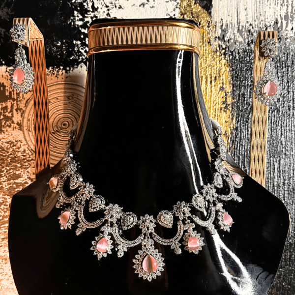 Premium Elegant Pink Stone and Crystal Choker Necklace and Earring Set - Image 7