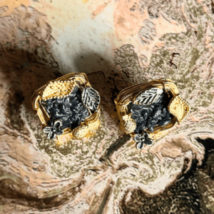 Premium Elegant Black Stone and Gold Leaf Earrings