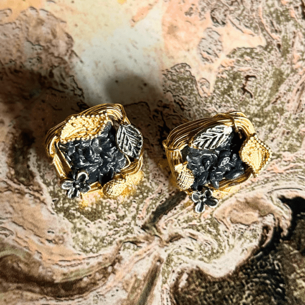 Premium Elegant Black Stone and Gold Leaf Earrings