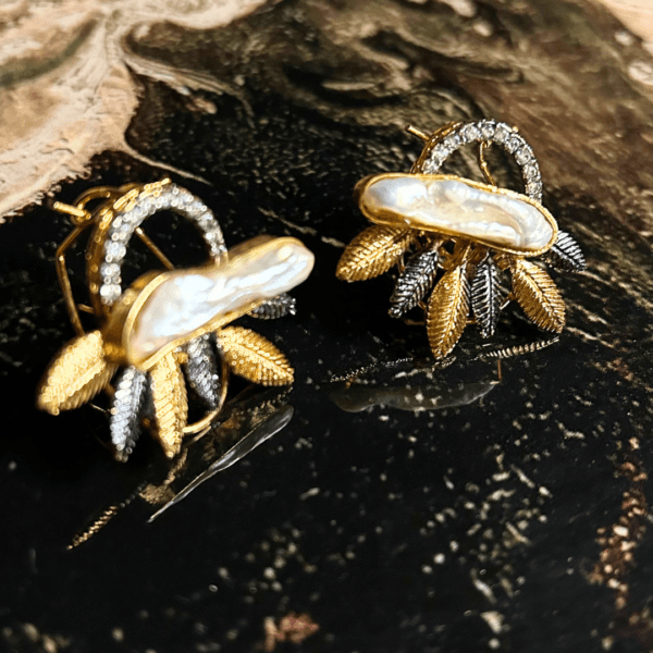 Premium Elegant White Pearl and Gold Leaf Earrings