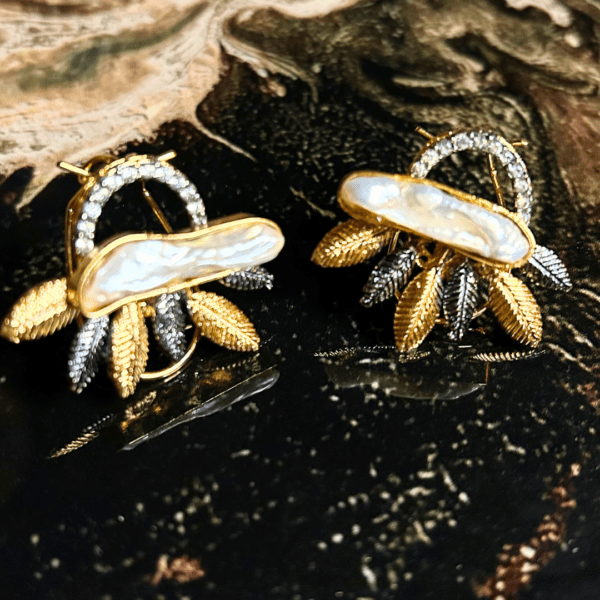 Premium Elegant White Pearl and Gold Leaf Earrings - Image 3