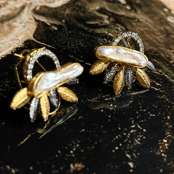 Premium Elegant White Pearl and Gold Leaf Earrings - Image 4