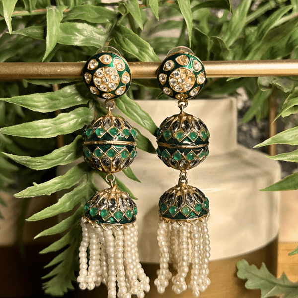 Premium Elegant Green Enamel and Pearl Drop Earrings - Image 3