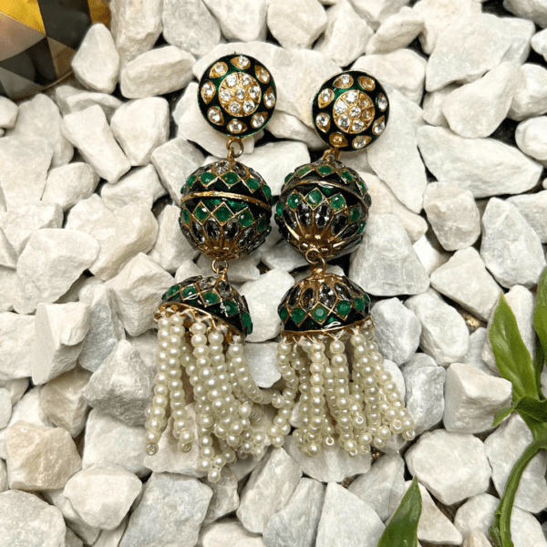 Premium Elegant Green Enamel and Pearl Drop Earrings - Image 4