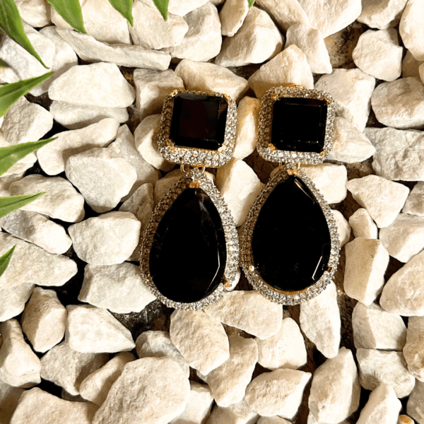 Premium Elegant Black Stone and Crystal Earrings