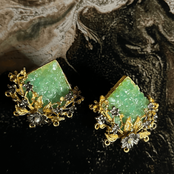 Green Gemstone and Gold Filigree Earrings - Image 4