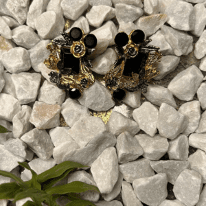Black Onyx and Gold Floral Earrings