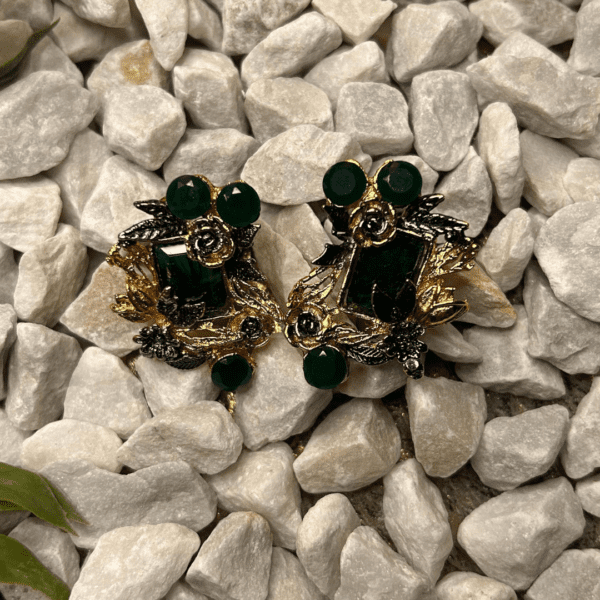 Green Onyx and Gold Floral Earrings - Image 3