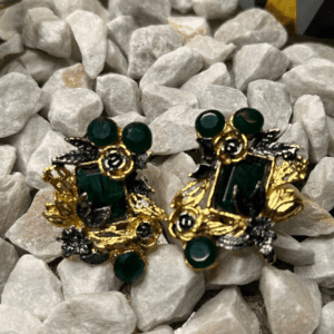 Green Onyx and Gold Floral Earrings