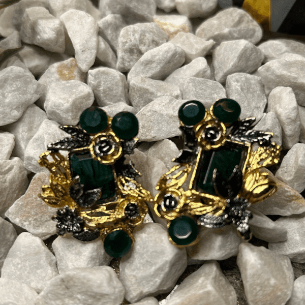 Green Onyx and Gold Floral Earrings