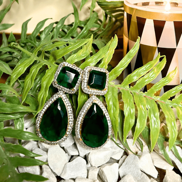 Premium Elegant Green Stone and Crystal Earrings - Image 3