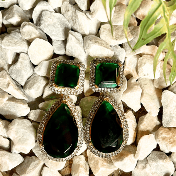 Premium Elegant Green Stone and Crystal Earrings - Image 2