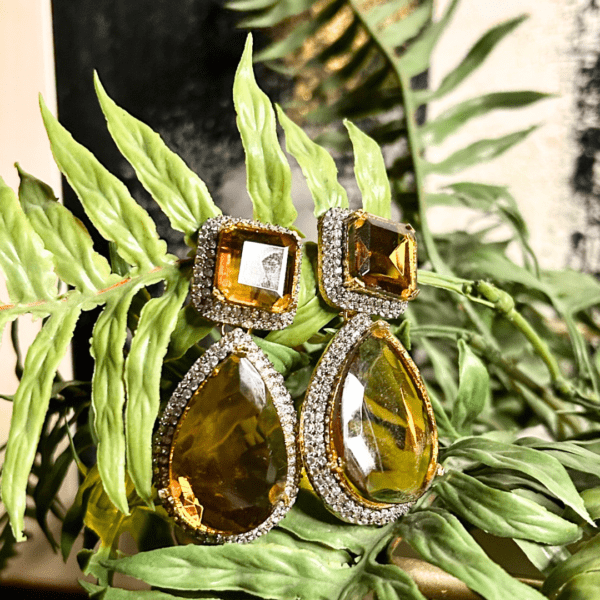 Premium Elegant Yellow Stone and Crystal Drop Earrings - Image 2