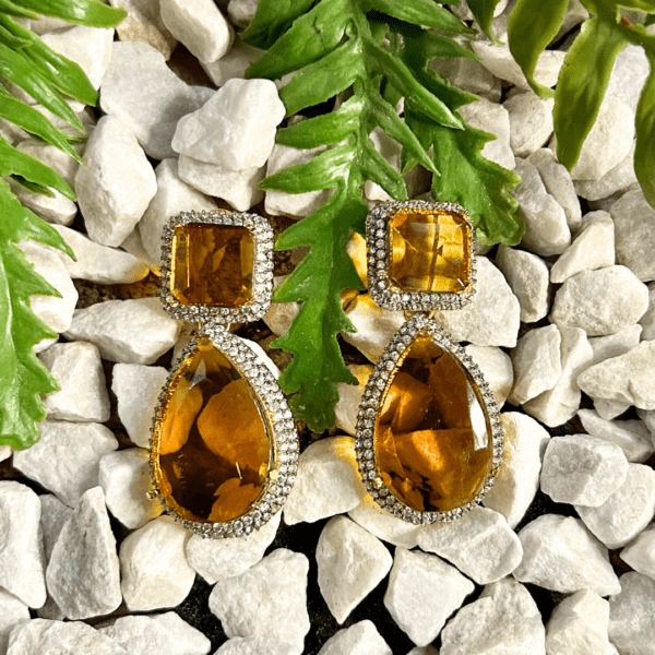 Premium Elegant Yellow Stone and Crystal Drop Earrings