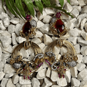 Red Garnet and Gold Floral Hoop Earrings