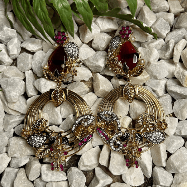 Red Garnet and Gold Floral Hoop Earrings