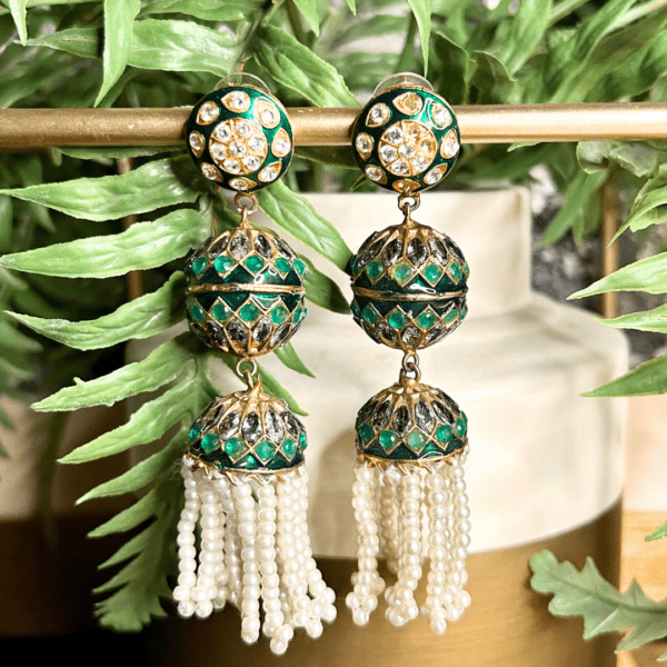 Premium Elegant Green Enamel and Pearl Drop Earrings