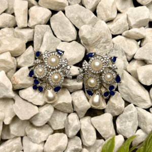 Premium Elegant White and Blue Pearl and Crystal Earrings